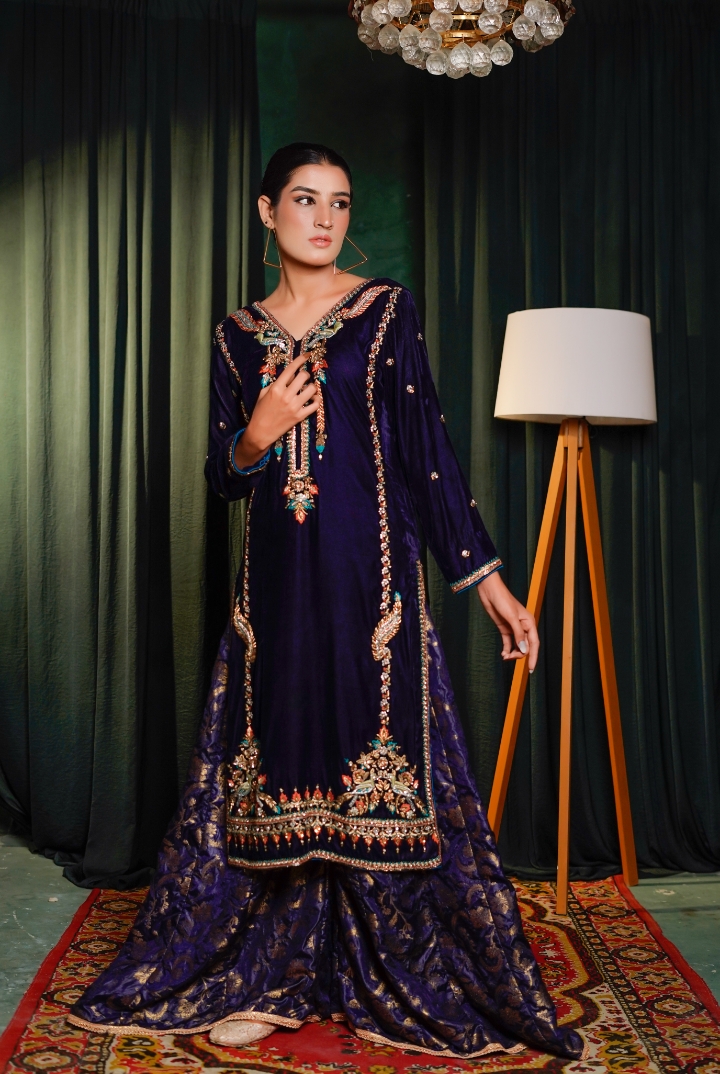 ✨ Royal Deep Purple Velvet Sharara Set ✨