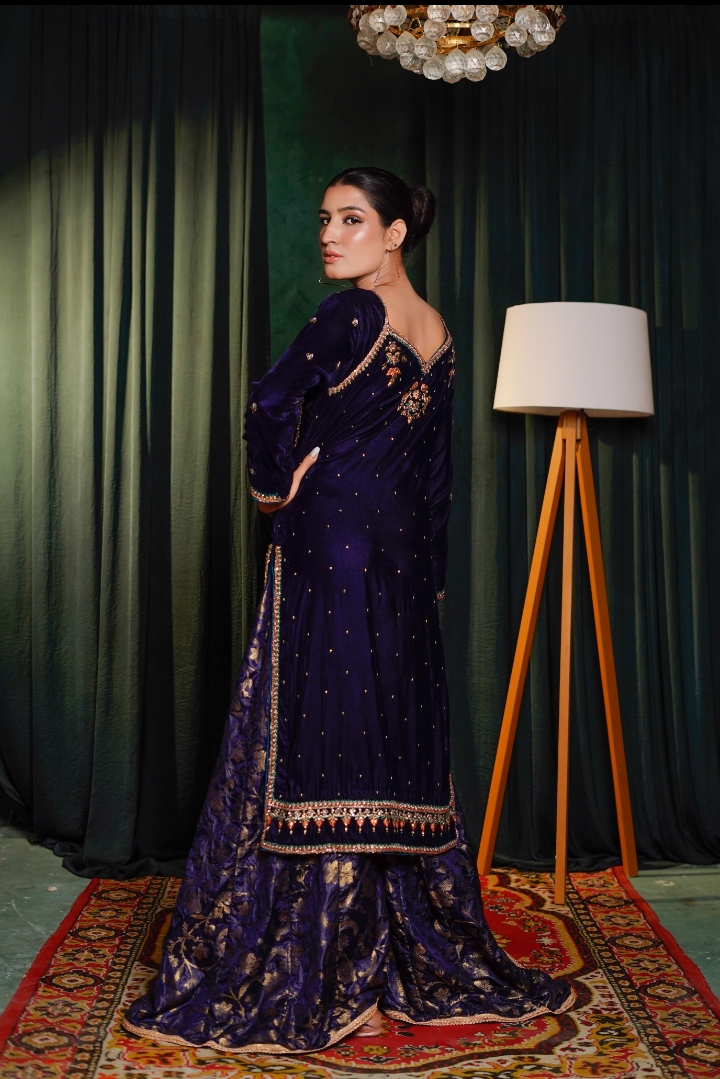 ✨ Royal Deep Purple Velvet Sharara Set ✨