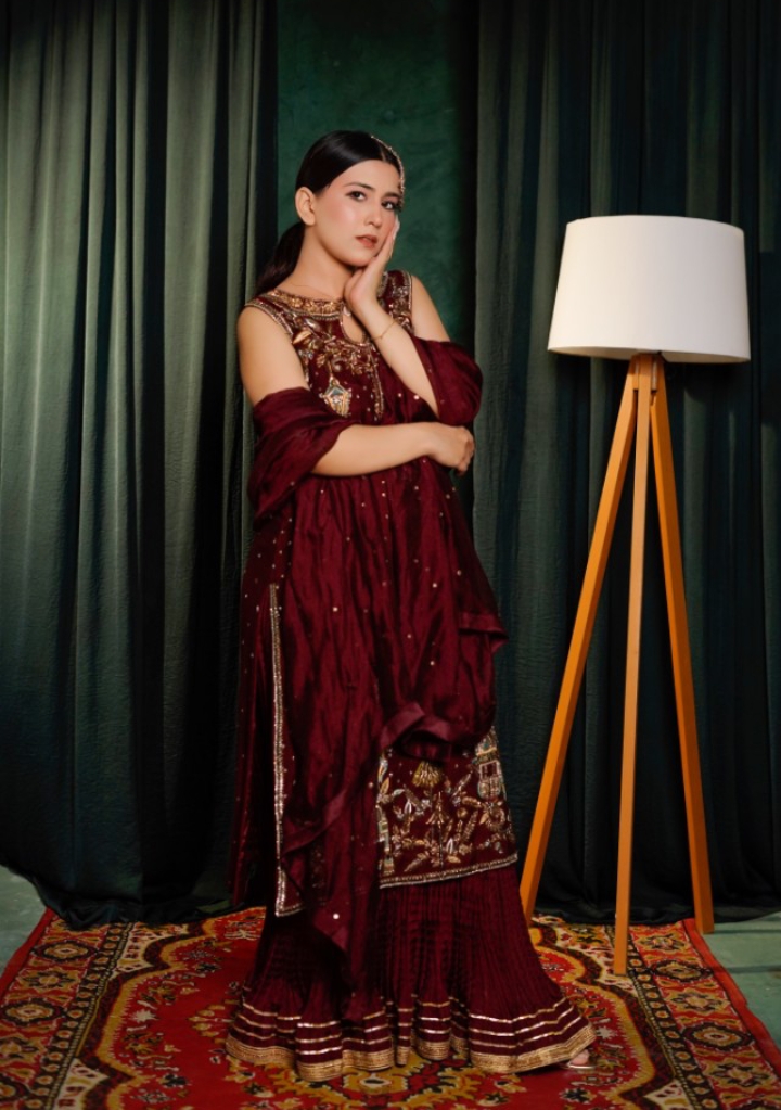 Maroon Embroidered Raw Silk Kurta Set with Crushed Sharara & Dupatta