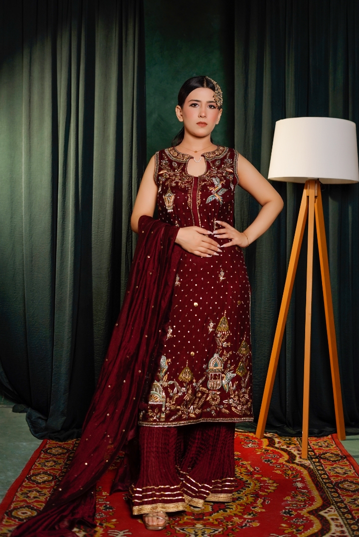 Maroon Embroidered Raw Silk Kurta Set with Crushed Sharara & Dupatta