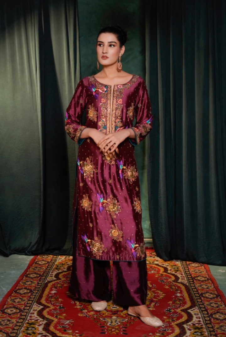 Elegant Plum Embroidered Raw Silk Suit (Kurta with Wide-Leg Trousers)