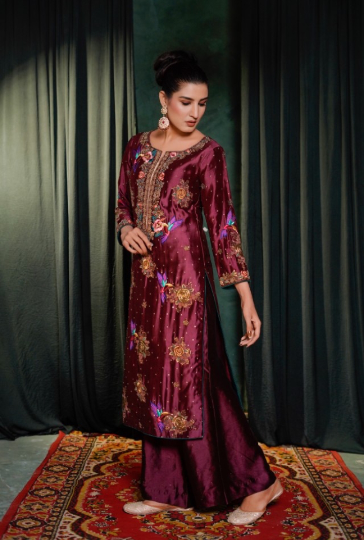 Elegant Plum Embroidered Raw Silk Suit (Kurta with Wide-Leg Trousers)