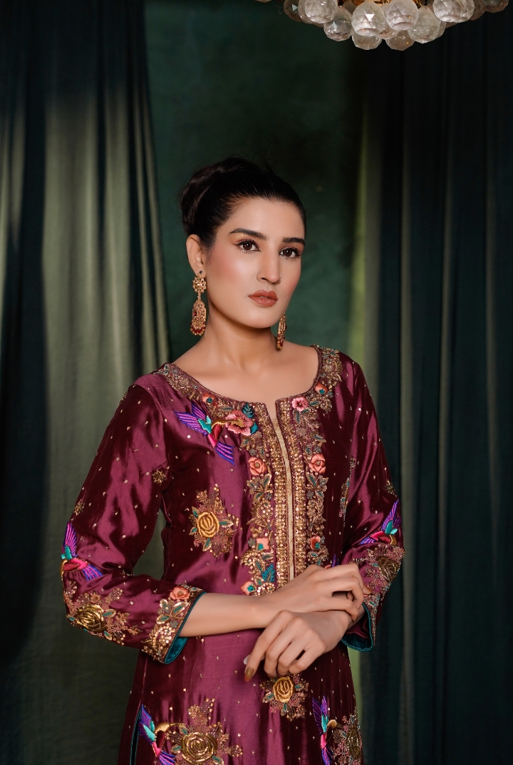 Elegant Plum Embroidered Raw Silk Suit (Kurta with Wide-Leg Trousers)